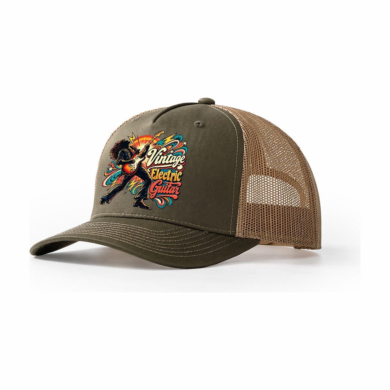 Vintage Electric Guitar Music Instruments Trucker Hat – Olive Khaki