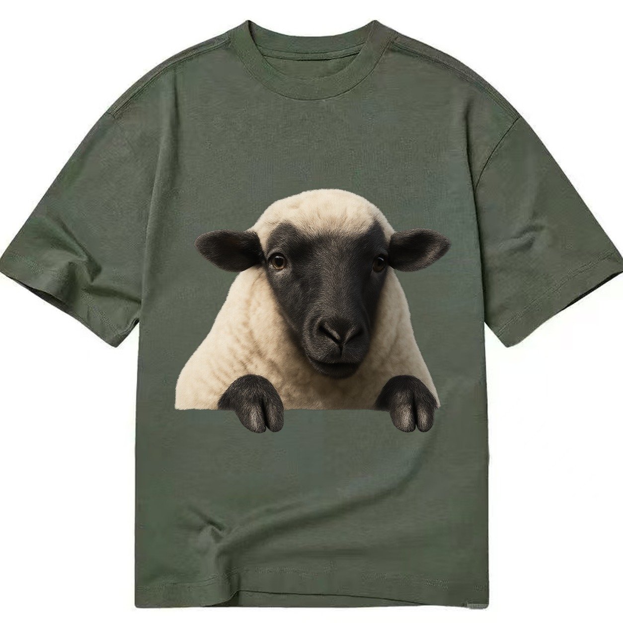 Sheep Fluffy White Wool Black Face Gentle Eyes Small Ears Pe Classic T-shirt – Army Green