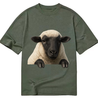 Sheep Fluffy White Wool Black Face Gentle Eyes Small Ears Pe Classic T-shirt – Army Green
