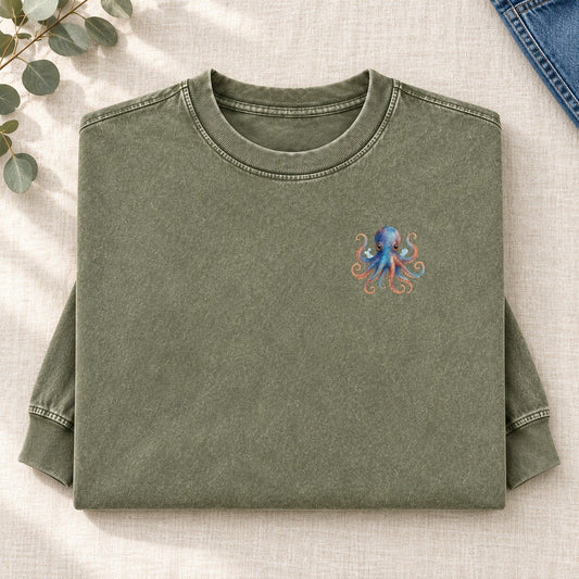 Cute Octopus Left Chest Washed Long Sleeve T-Shirt – Army Green