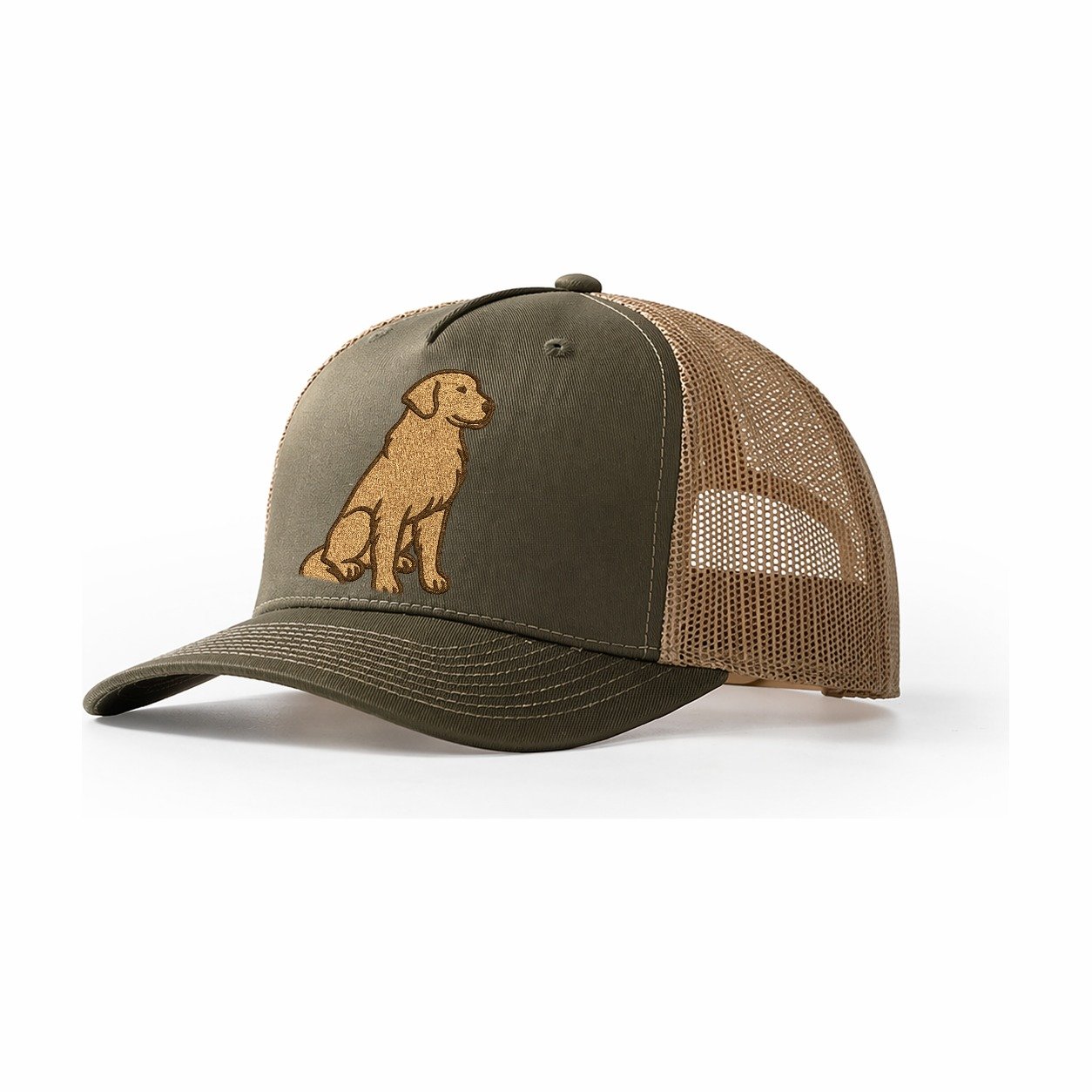Golden Retriever Classic Golden Embroidered Sitting Pose Trucker Hat – Olive-Khaki