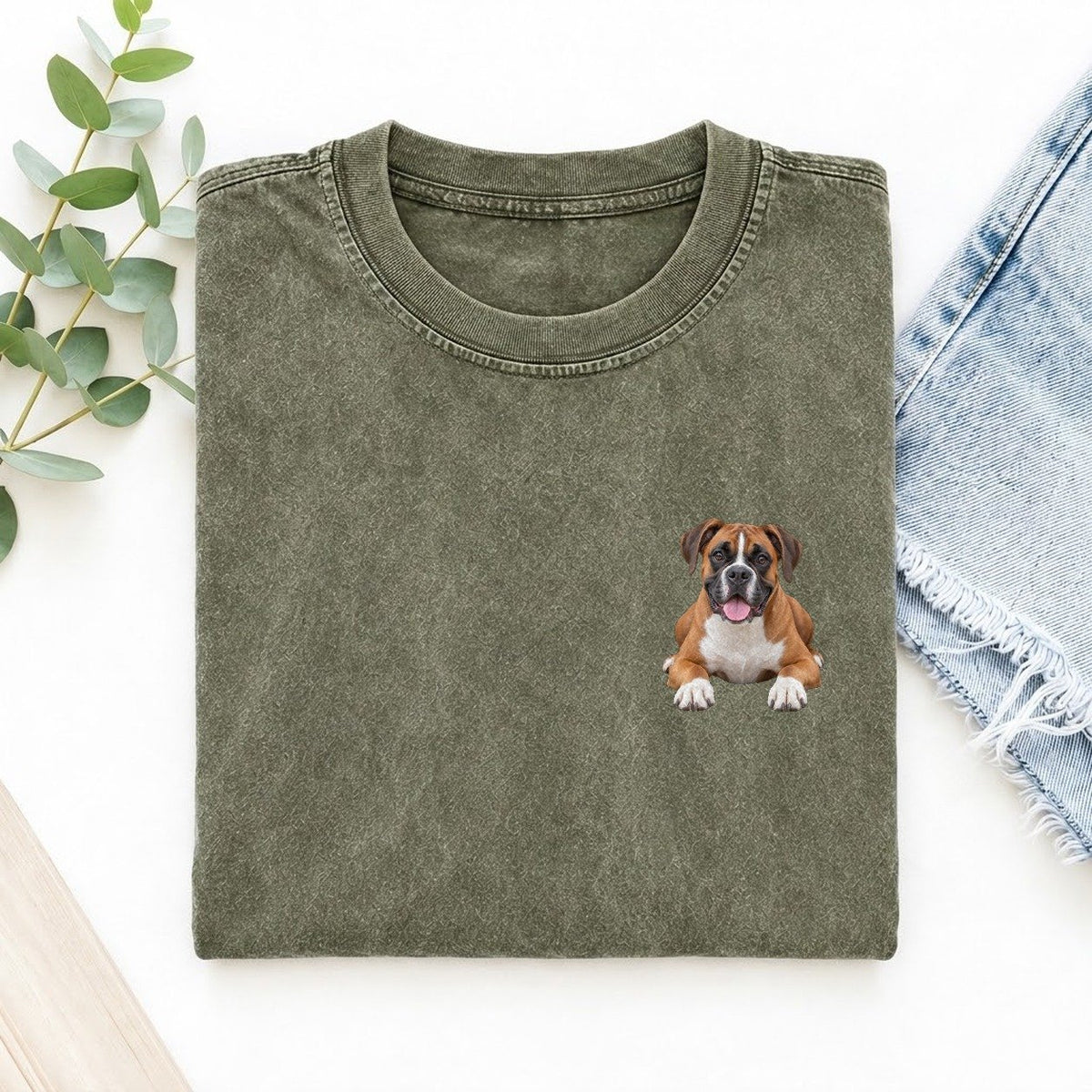 Boxer Lying Down Left Chest Vintage T-shirt – Army Green