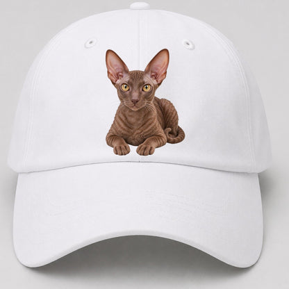 Cornish Rex Reclining Paws Forward Realistic Cat Portrait Baseball Cap – White