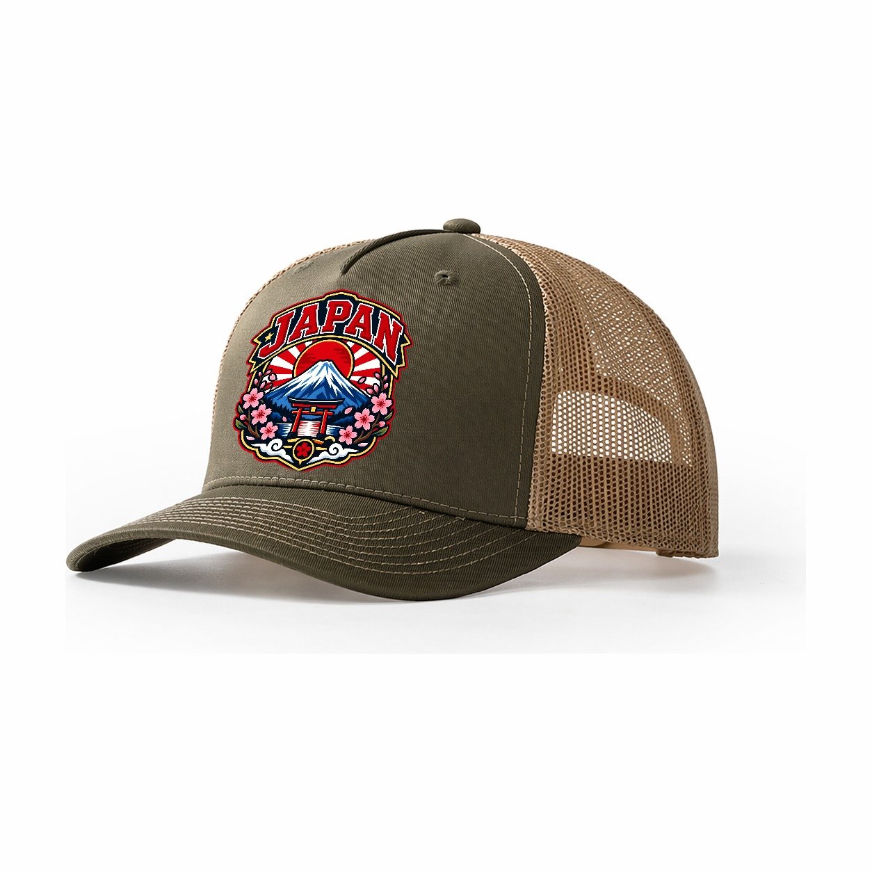 Japan Retro Badge Country Logos Trucker Hat – Olive Khaki