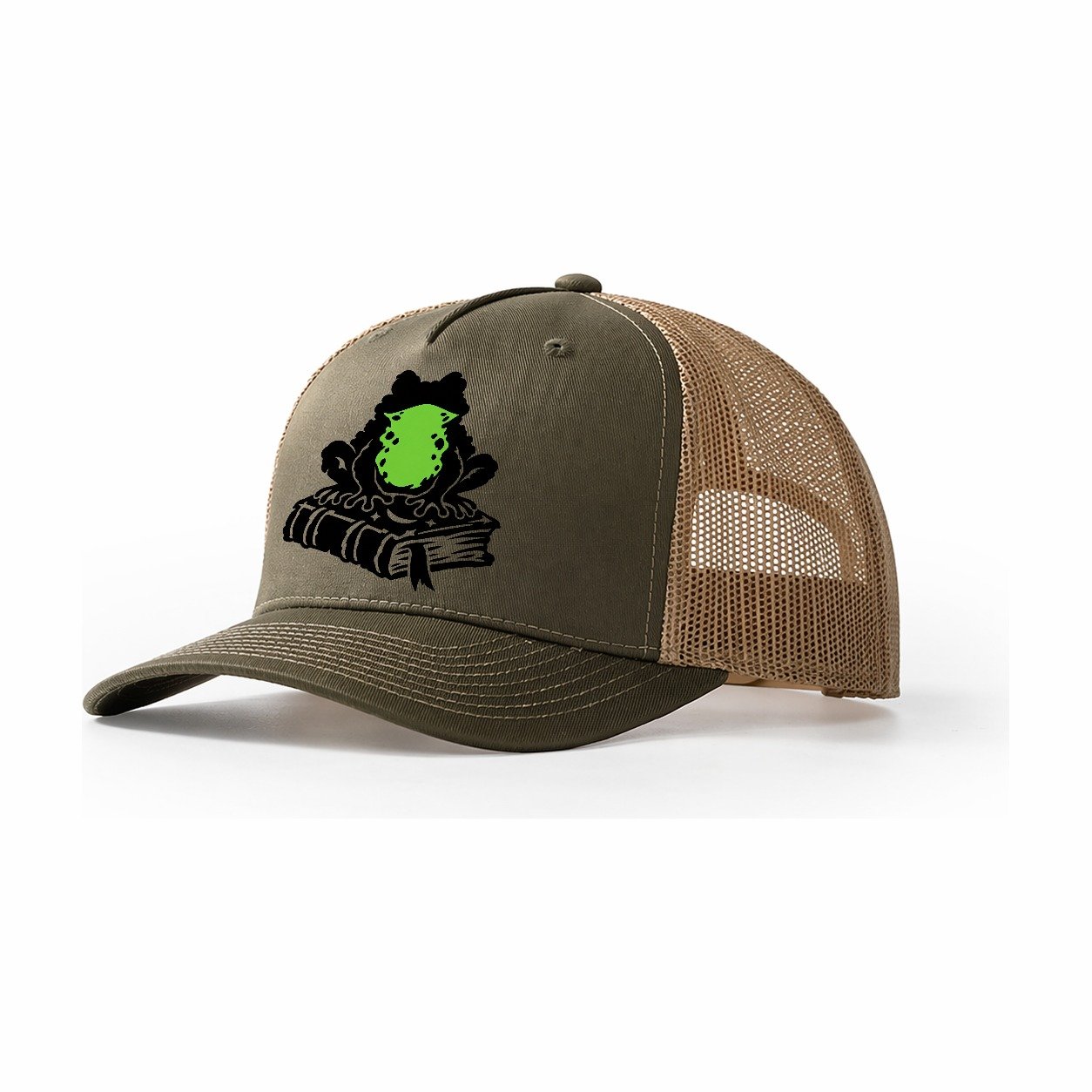 Familiar Toad On A Spellbook Witch Magic Trucker Hat – Olive Khaki