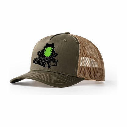 Familiar Toad On A Spellbook Witch Magic Trucker Hat – Olive Khaki