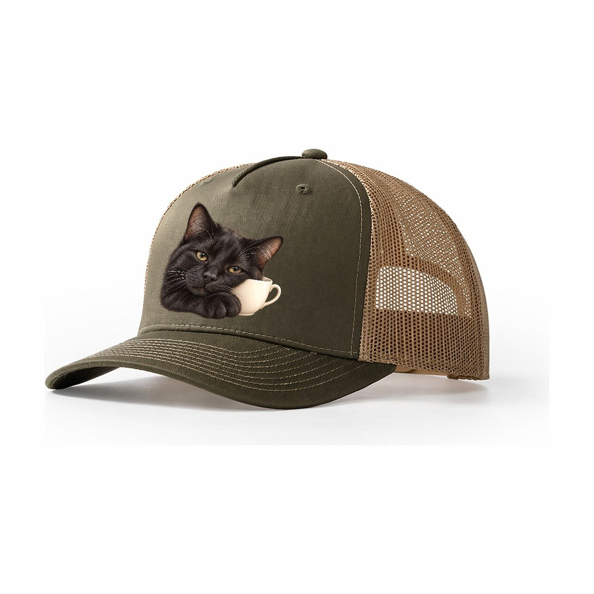 Black Cat Teacup Companion Pastimes Companions Trucker Hat – Olive Khaki