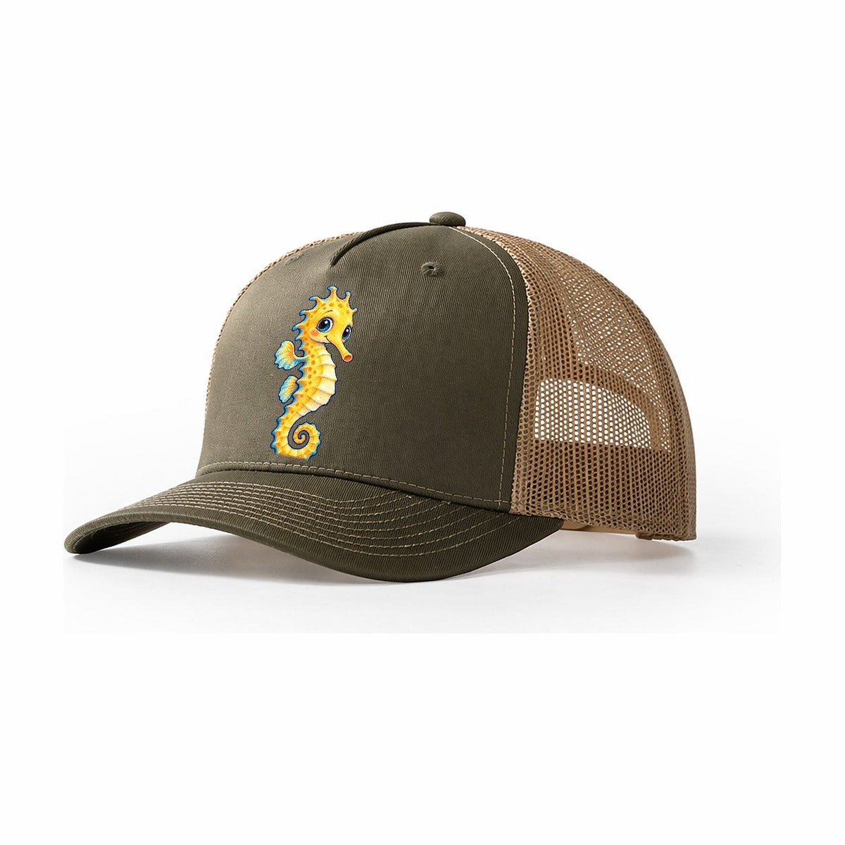 Seahorse Vertical Hello Sea Sprite Trucker Hat – Olive Khaki