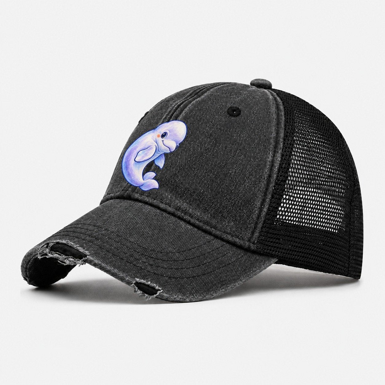 Beluga Whale Gentle Turn Sea Sprite Washed Trucker Hat – Black