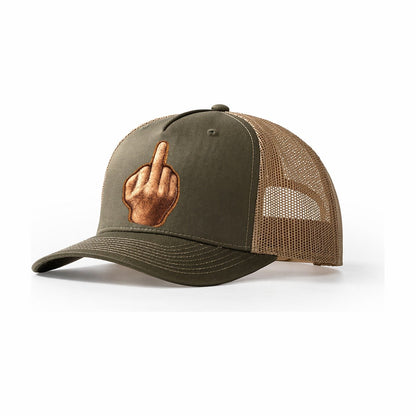 Middle Finger Hand Gesture In Skin Tone Attitude Trucker Hat – Olive-Khaki