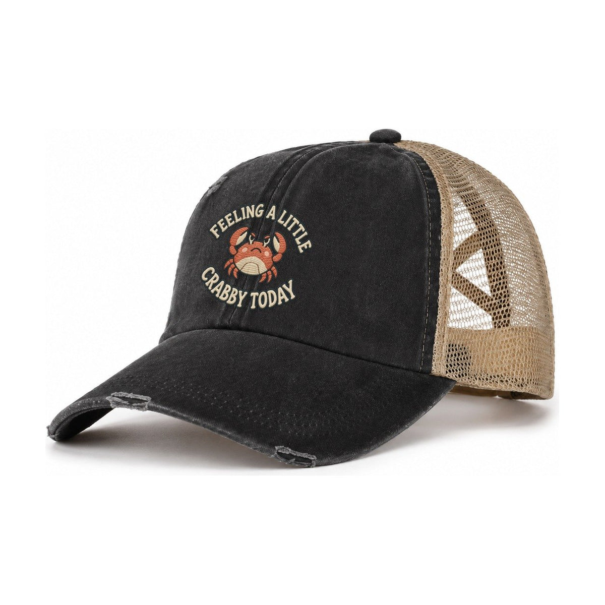 Crab Animal Puns Women's Ponytail Trucker Hat – Washed Black Khaki