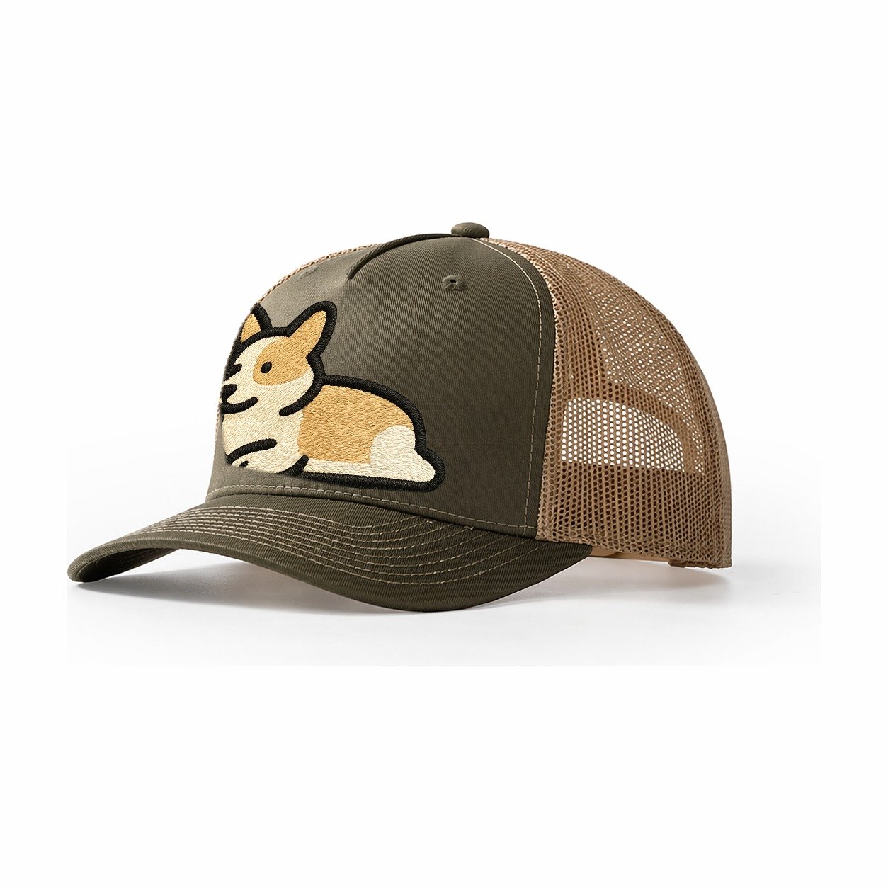 Corgi Sploot Lying Position Trucker Hat – Olive-Khaki