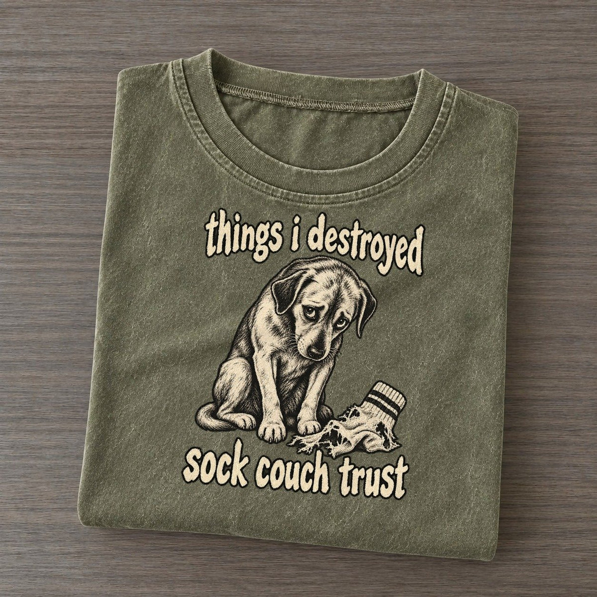 A Guilty Looking Dog Seated Beside A Shredded Sock Bark For Me Vintage T-shirt – Army Green