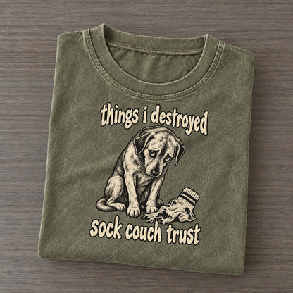 A Guilty Looking Dog Seated Beside A Shredded Sock Bark For Me Vintage T-shirt – Army Green