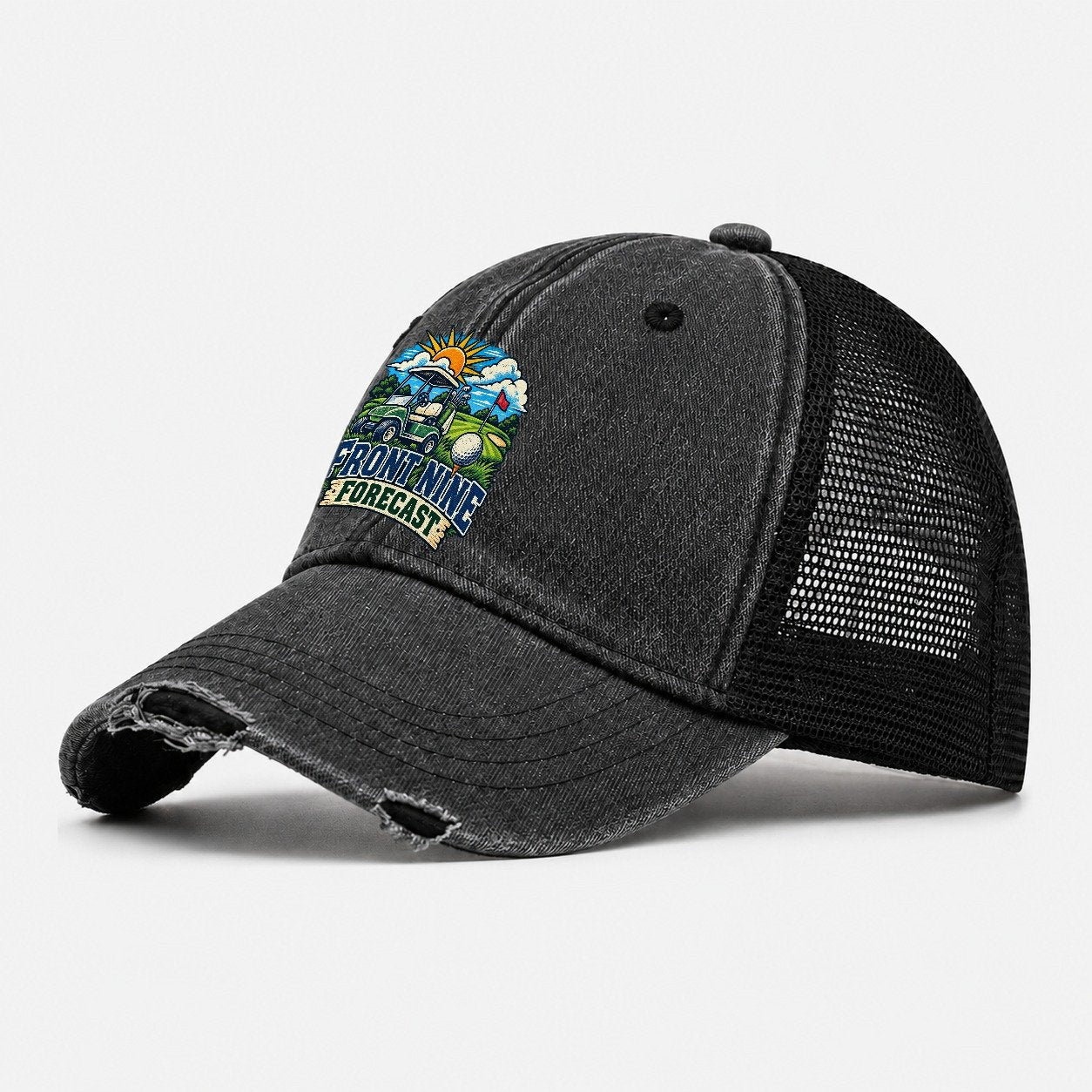 Front Nine Forecast Golf Life Washed Trucker Hat – Black