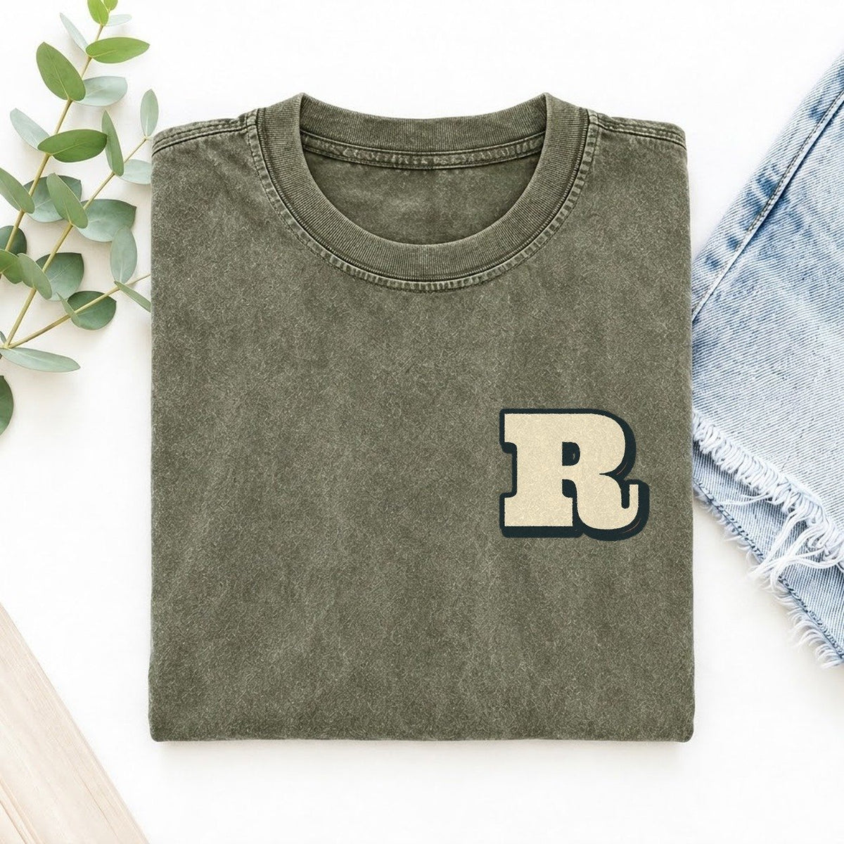 Initial R Left Chest Vintage T-shirt – Army Green