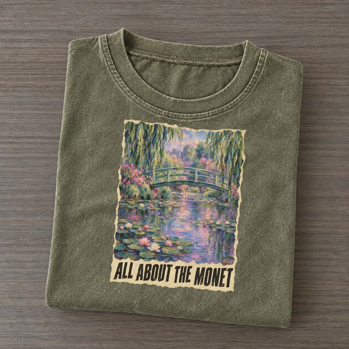 All About The Monet Lily Pond Art Pun Vintage T-shirt – Army Green