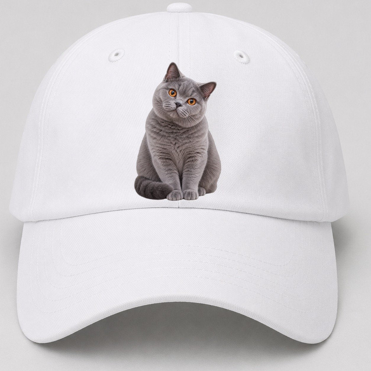 British Shorthair Seated Portrait Realistic Cat Portrait Baseball Cap – White