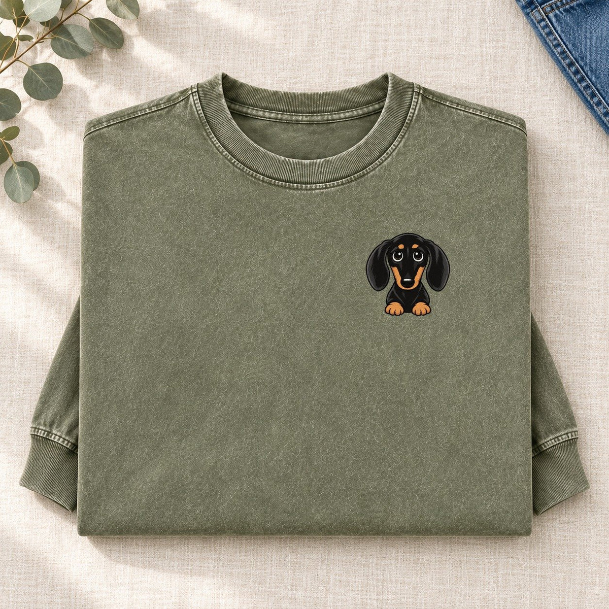 Retro Dachshund Left Chest Washed Long Sleeve T-Shirt – Army Green