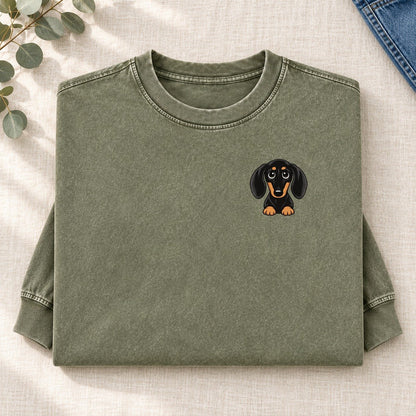 Retro Dachshund Left Chest Washed Long Sleeve T-Shirt – Army Green