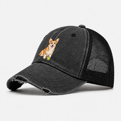 Happy Corgi with Tennis Ball Washed Trucker Hat – Black