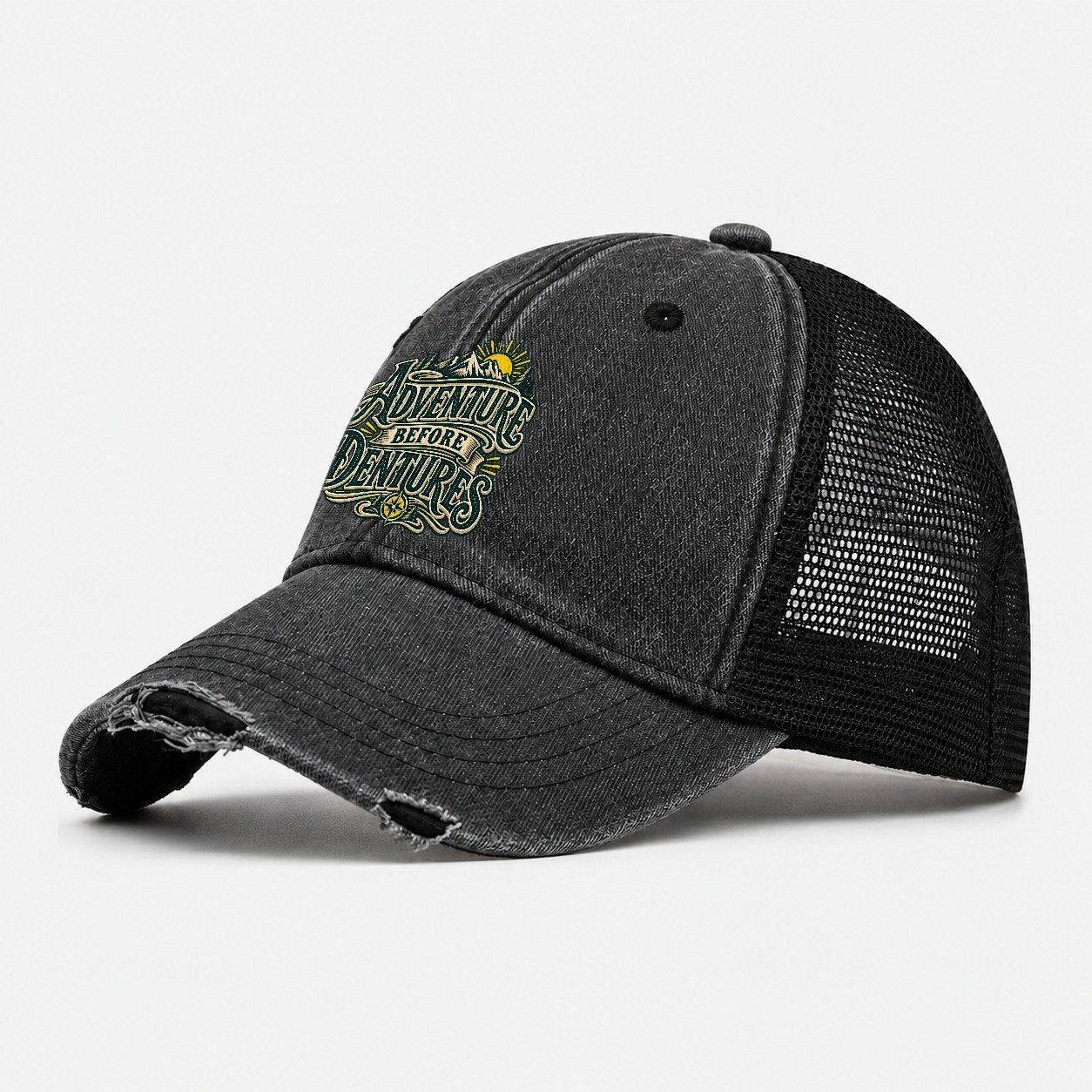 Adventure Before Dentures Retired Living Washed Trucker Hat – Black