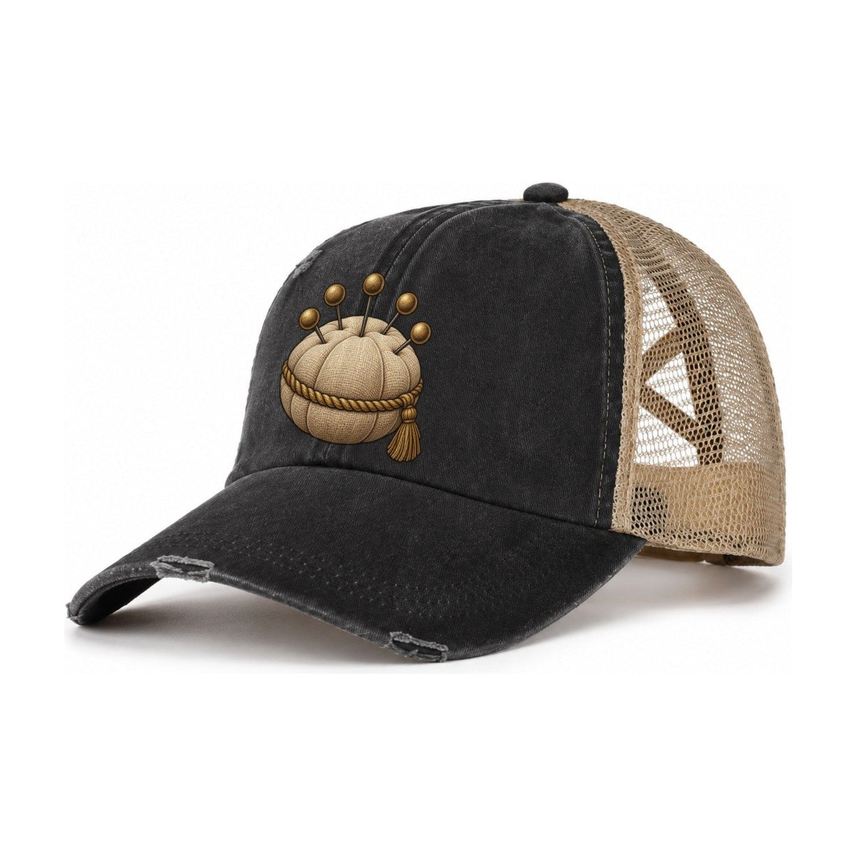 Pincushion And Pins Needlework Women's Ponytail Trucker Hat – Washed Black Khaki