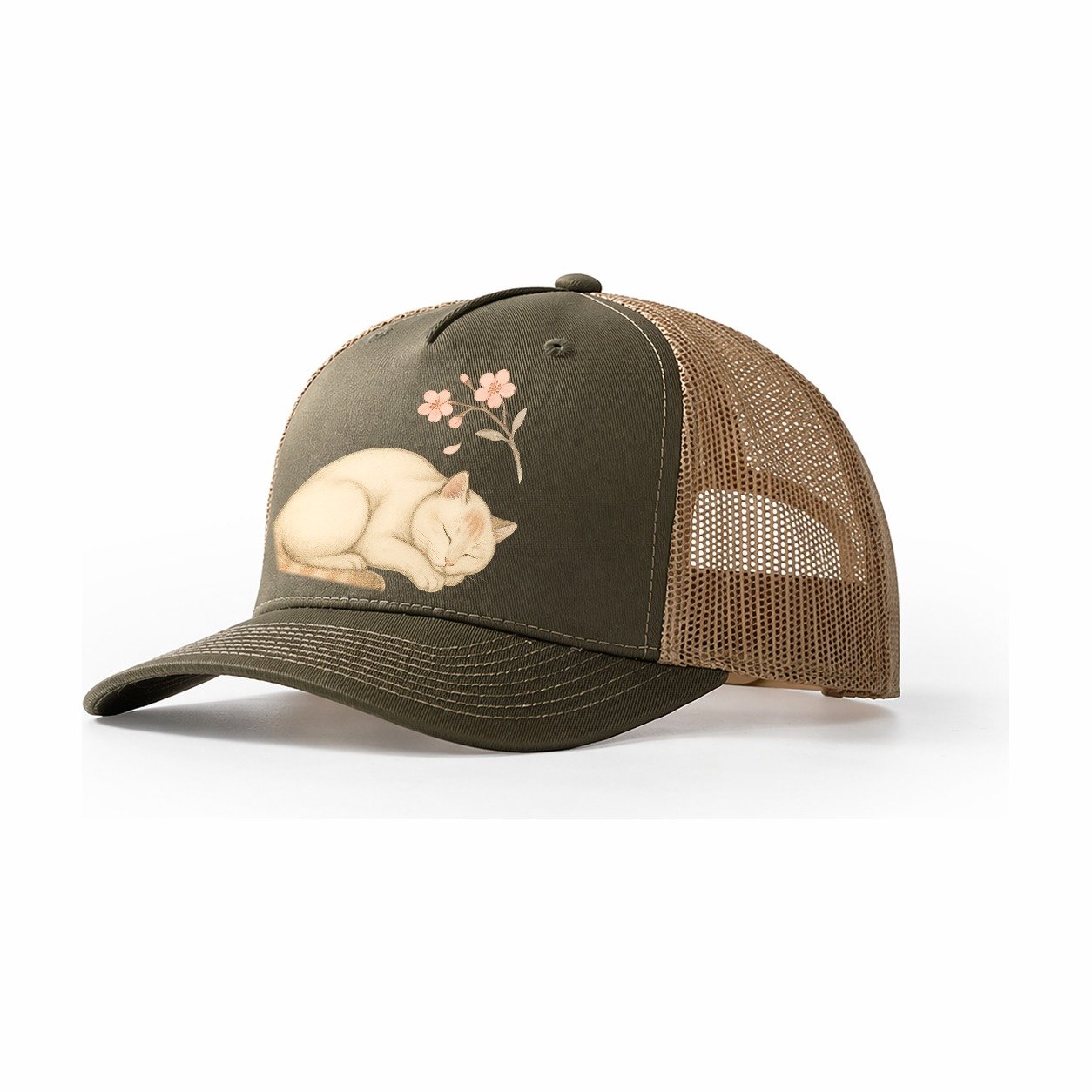 Zen Garden Cat Japanese Aesthetic Lying Peaceful Minimalist Trucker Hat – Olive-Khaki