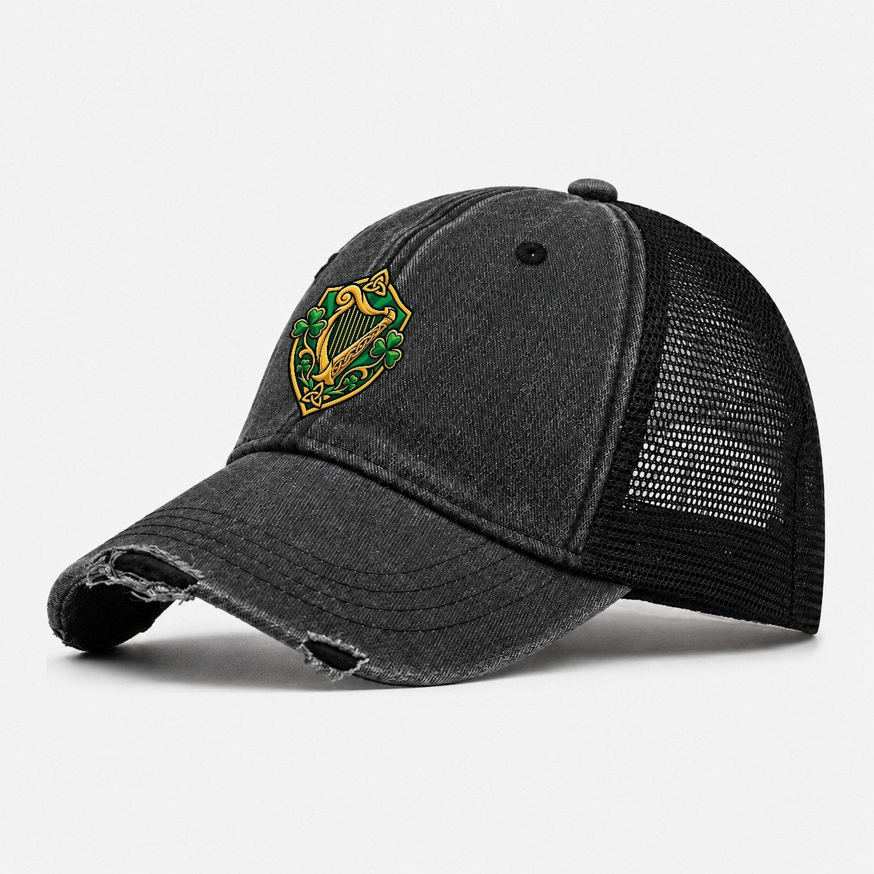Ireland Minimal Emblem Country Logos Washed Trucker Hat – Black