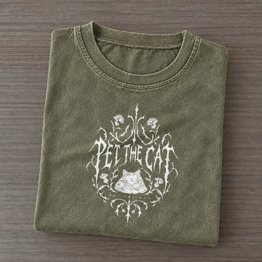 Pet The Cat Unreadable Feelings Vintage T-shirt – Army Green