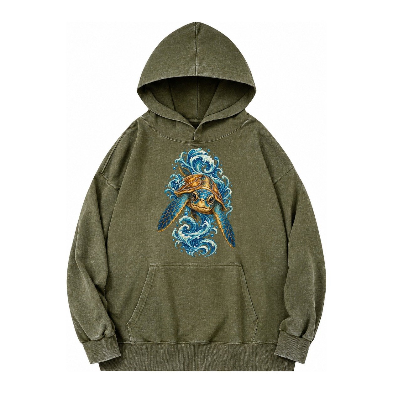 Ornate Sea Turtle Vintage Washed Hoodie – Army Green