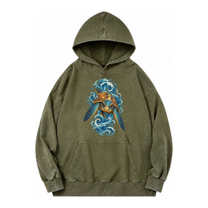 Ornate Sea Turtle Vintage Washed Hoodie – Army Green