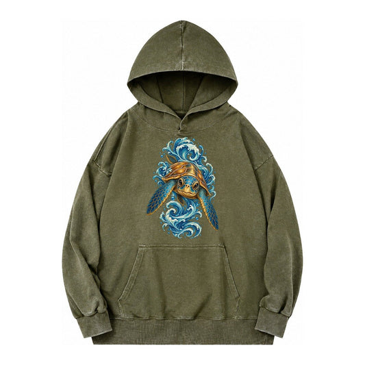 Ornate Sea Turtle Vintage Washed Hoodie – Army Green