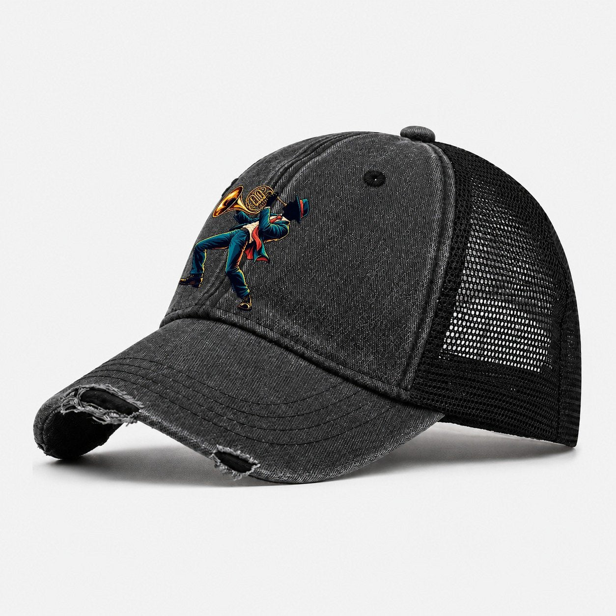 French Horn Icon Music Instruments Washed Trucker Hat – Black
