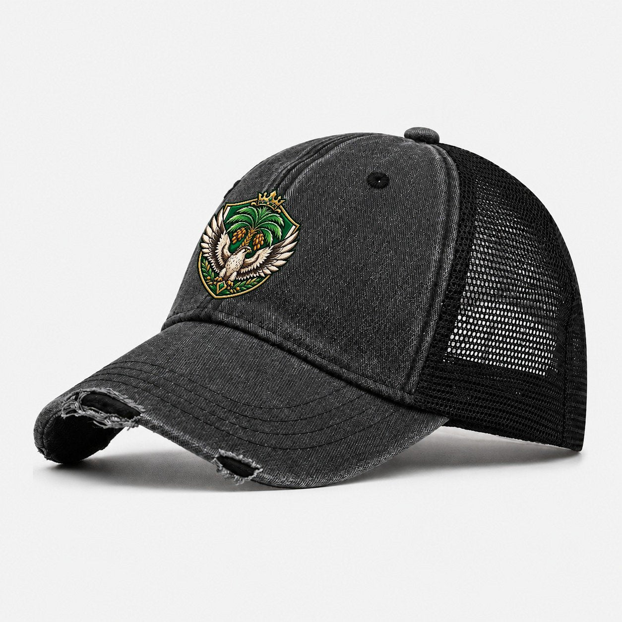 Saudi Arabia Heraldic Crest Country Logos Washed Trucker Hat – Black