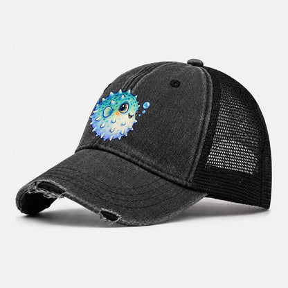 Pufferfish Side Puff Sea Sprite Washed Trucker Hat – Black