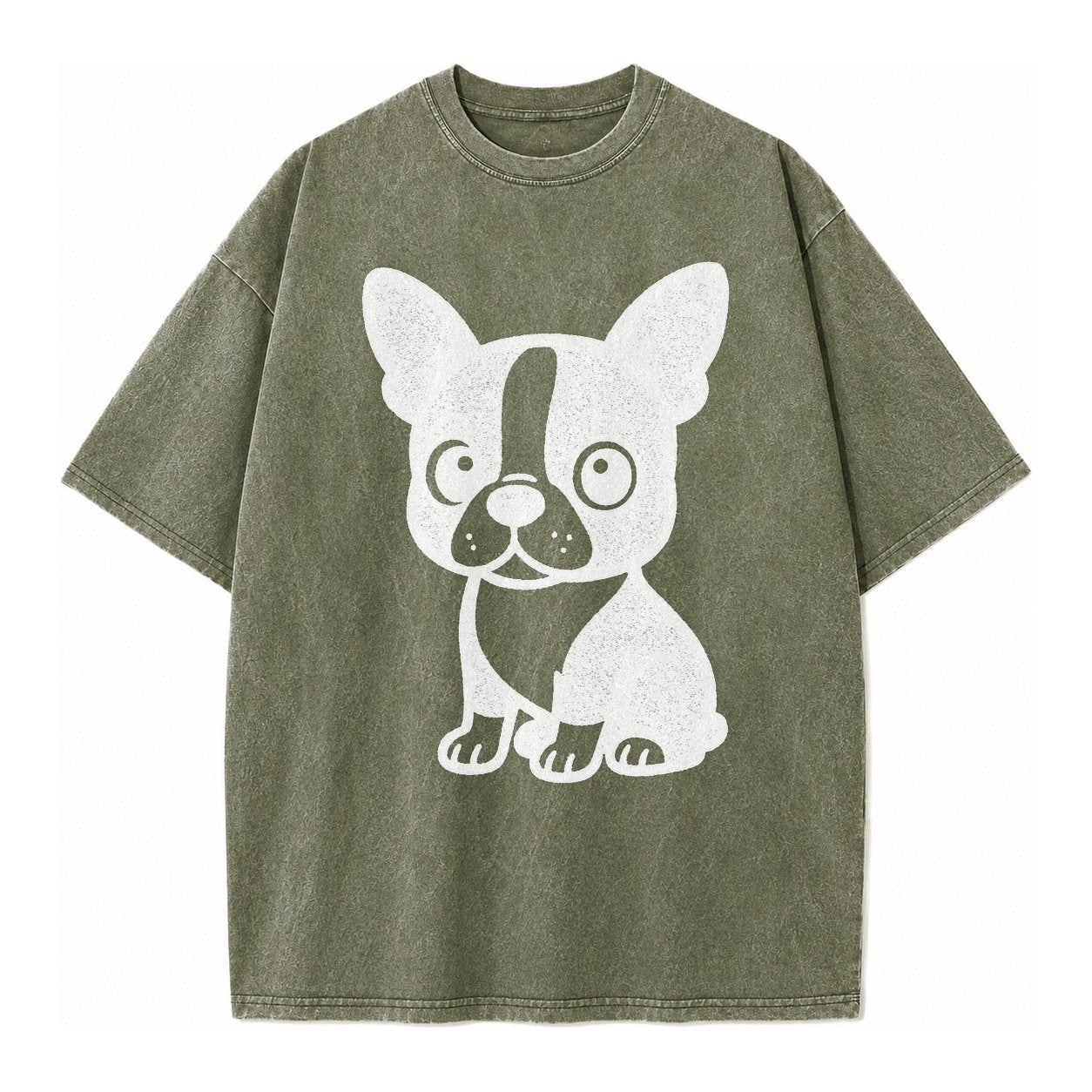 Boston Terrier Black And White Sitting Pose With Tuxedo Mark Vintage T-shirt – Army Green