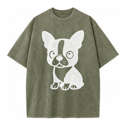 Boston Terrier Black And White Sitting Pose With Tuxedo Mark Vintage T-shirt – Army Green