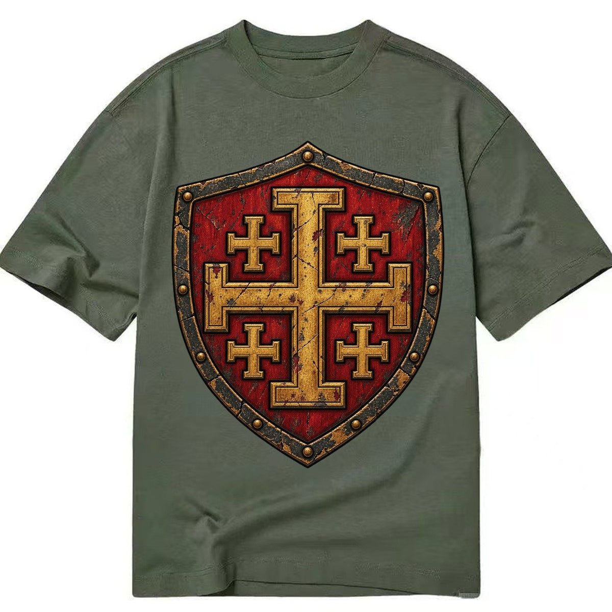 Crusader Battle Shield Heraldry Jerusalem Cross Classic T-shirt – Army Green