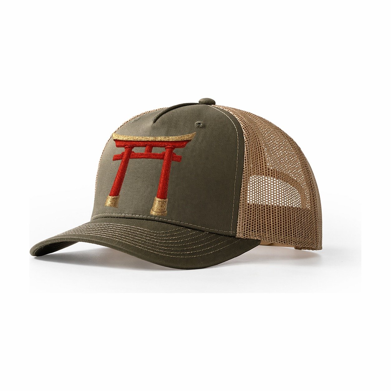 Japanese Torii Gate Shrine Entrance Red Thread Spiritual Gat Trucker Hat – Olive-Khaki