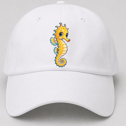 Seahorse Vertical Hello Sea Sprite Baseball Cap – White