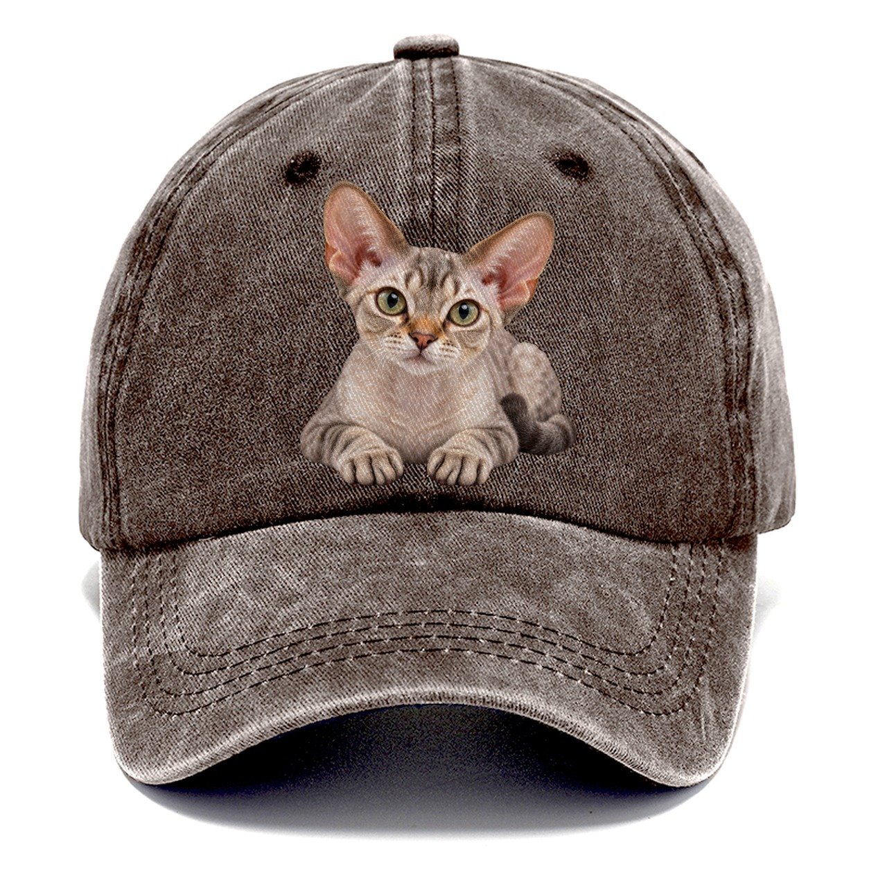 Devon Rex Reclining Paws Forward Realistic Cat Portrait Classic Cap – Brown
