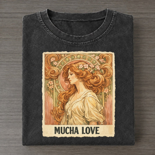Mucha Love Art Nouveau Portrait Art Pun Vintage T-shirt – Black