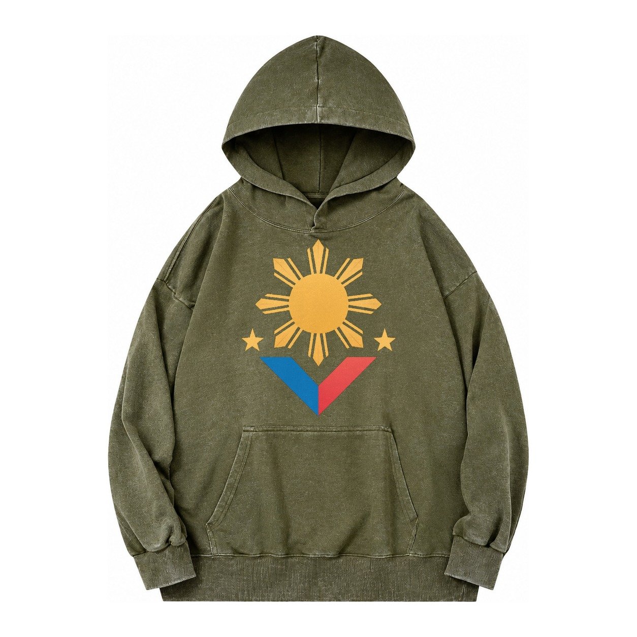 Philippines Flag Sun And Vintage Washed Hoodie – Army Green