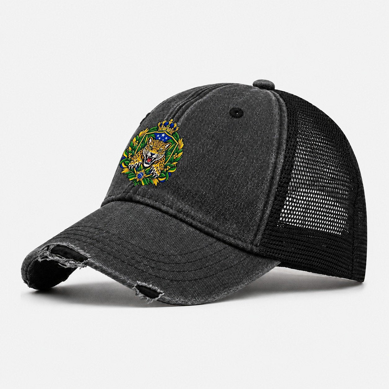 Brazil Heraldic Crest Country Logos Washed Trucker Hat – Black