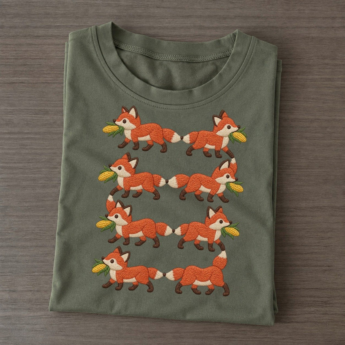 Foxes With Corn Single File Classic T-shirt – Army Green
