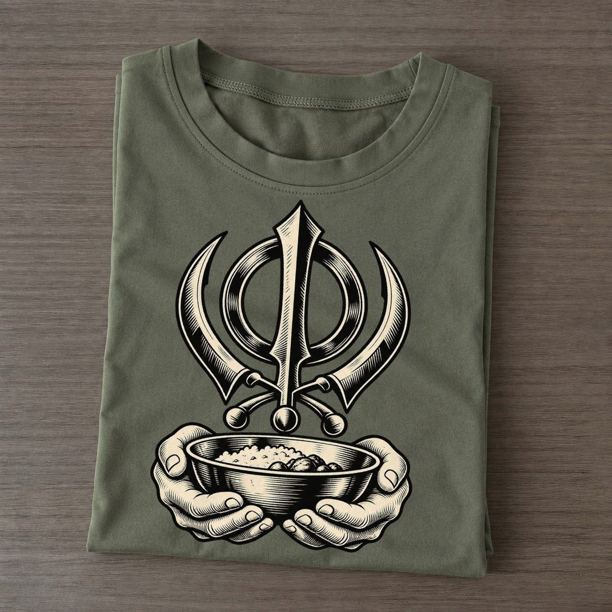 Sikh Khanda And Seva Bowl World Faiths Ink Figures Classic T-shirt – Army Green