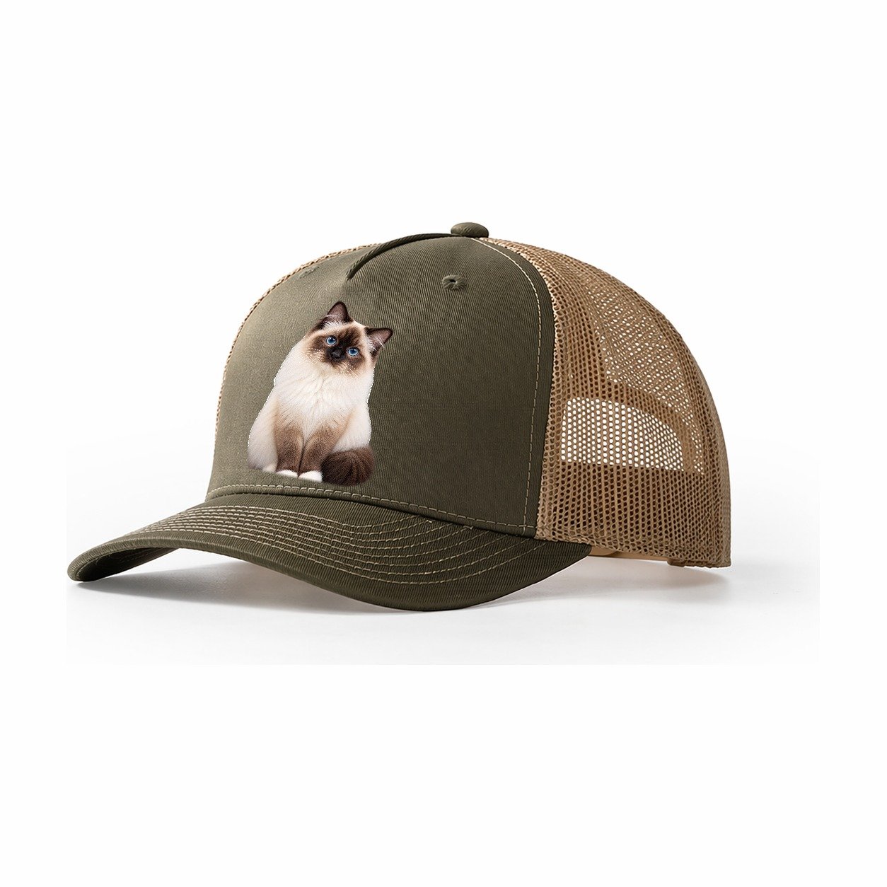 Birman Seated Portrait Realistic Cat Portrait Trucker Hat – Olive Khaki