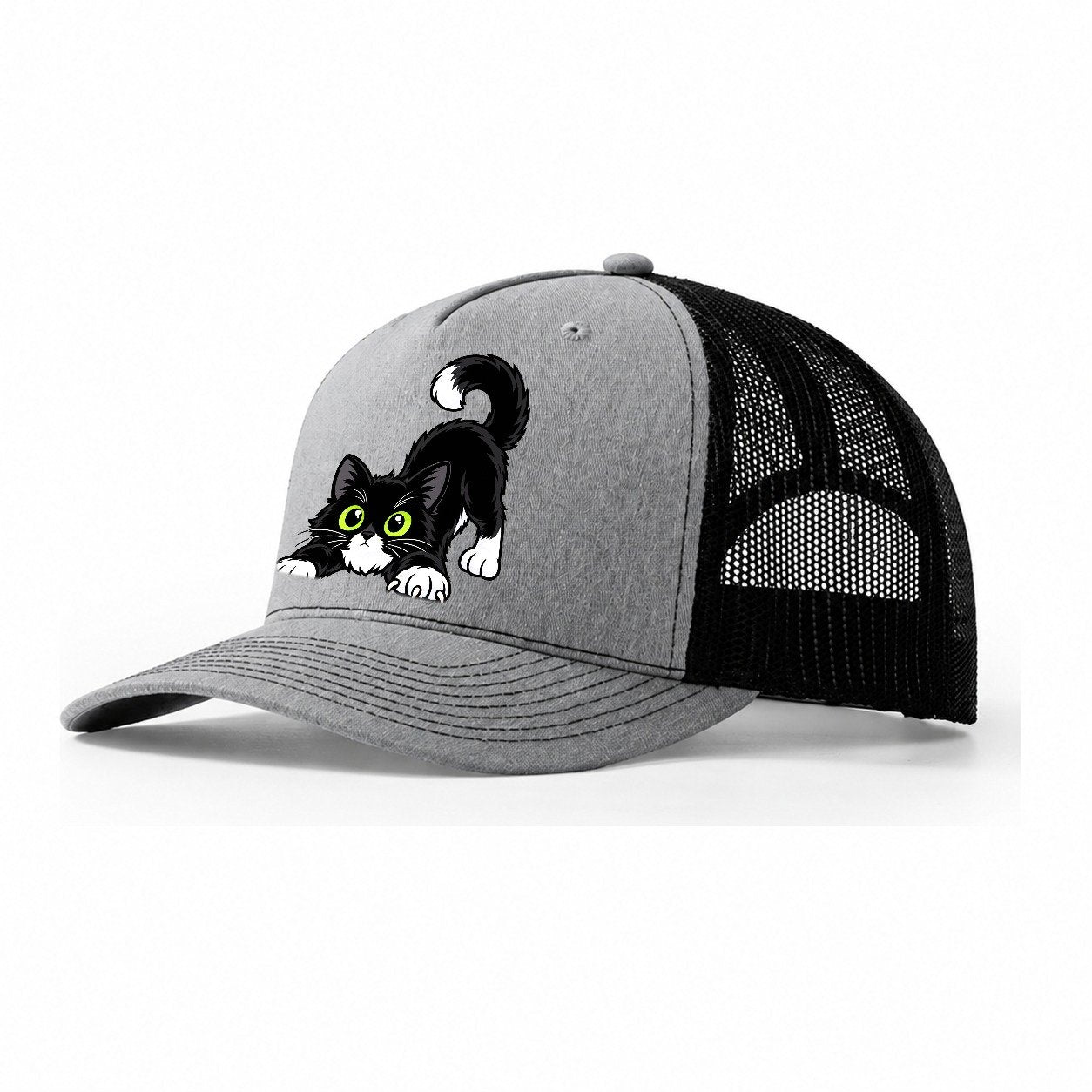 Tuxedo Cat Stretching Peeking Cats Trucker Hat – Sport Grey Black