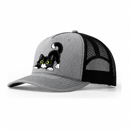 Tuxedo Cat Stretching Peeking Cats Trucker Hat – Sport Grey Black